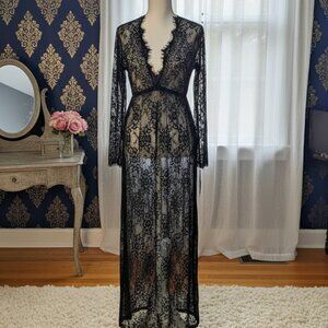 Romantic Whimsigoth Black Lace Long Sleeve Maxi Dress Gown Size Medium